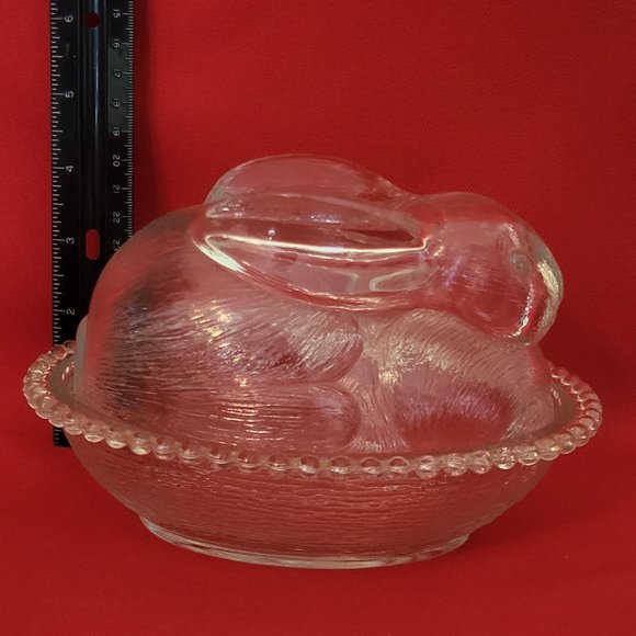VTG Clear Glass Bunny Rabbit Covered Trinket Oval Candy Beaded Dish Translucent - Picture 9 of 15
